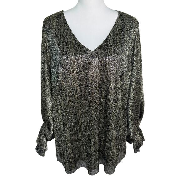 VINCE‎ CAMUTO NWT Women's 2X Gold Black Shiny Flouncy Balloon Sleeve Blouse Top - Picture 1 of 11
